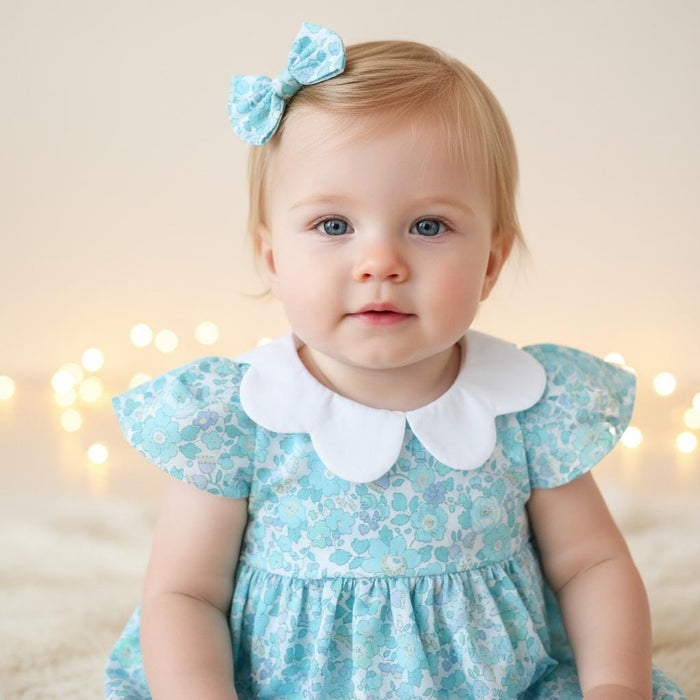 Liberty London Floral Print Bubble Romper, Pastel Blue Collared Short Sleeves Cotton Handmade Playsuit
