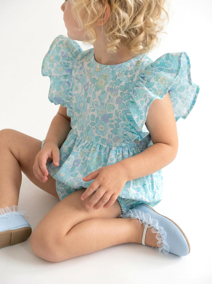 Liberty London Floral-Print Handmade Sleeveless Bubble Romper, Ditsy Botanical Handmade Clothing, Sustainable Slow-fashioned Children-wear