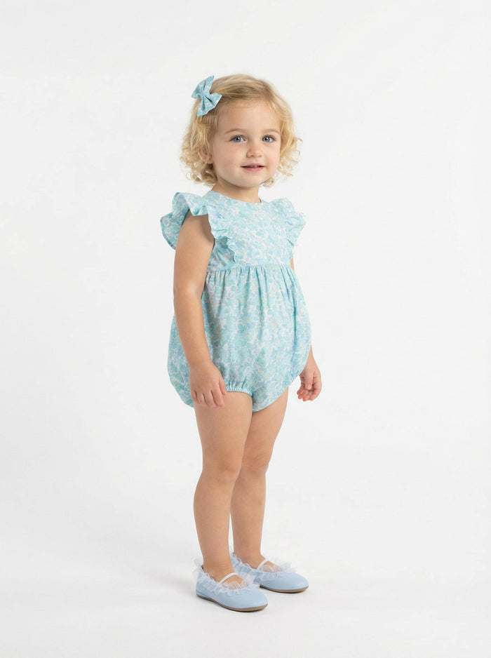 Liberty London Floral-Print Handmade Sleeveless Bubble Romper, Ditsy Botanical Handmade Clothing, Sustainable Slow-fashioned Children-wear