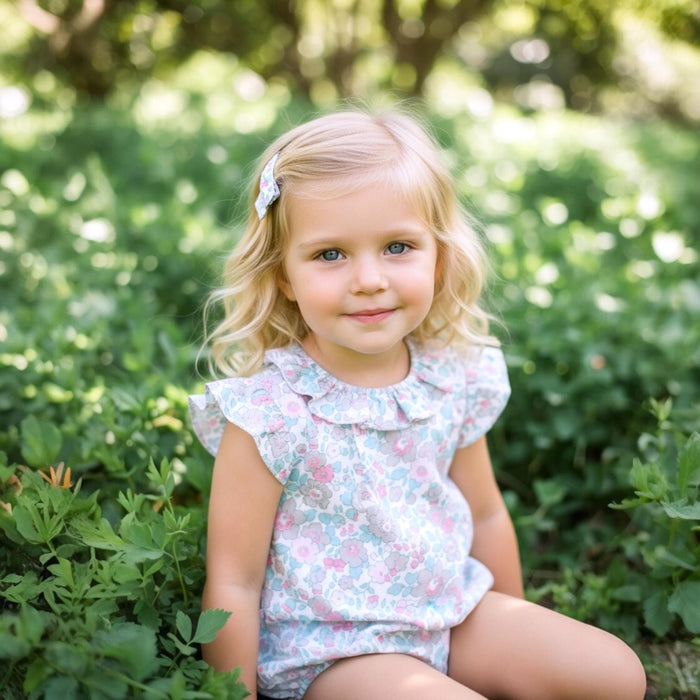 Liberty London Floral-Print Sleeveless Bubble Romper, Pierrot Collar Children-wear, Handmade Sustainable eco-friendly Floral-print Clothing
