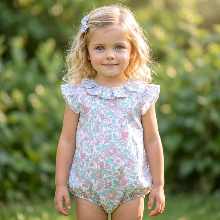 Liberty London Floral-Print Sleeveless Bubble Romper, Pierrot Collar Children-wear, Handmade Sustainable eco-friendly Floral-print Clothing
