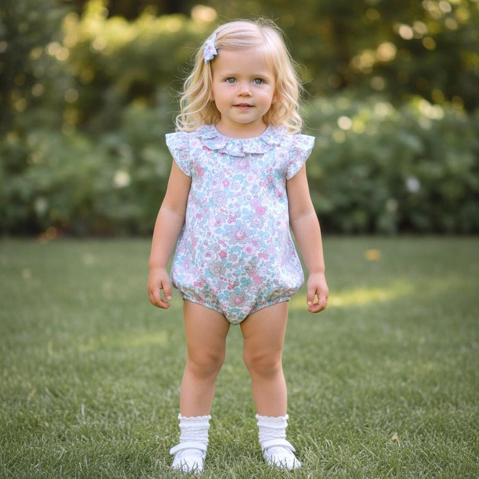 Liberty London Floral-Print Sleeveless Bubble Romper, Pierrot Collar Children-wear, Handmade Sustainable eco-friendly Floral-print Clothing