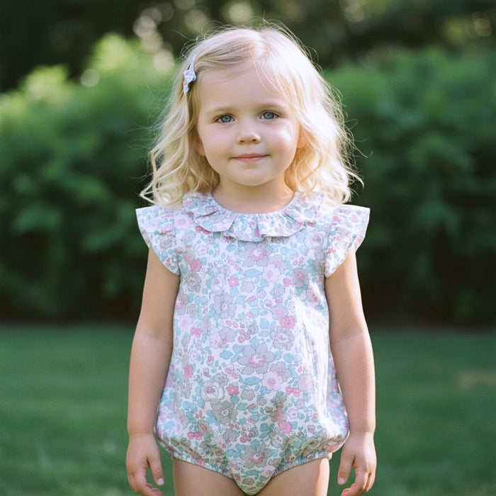 Liberty London Floral-Print Sleeveless Bubble Romper, Pierrot Collar Children-wear, Handmade Sustainable eco-friendly Floral-print Clothing