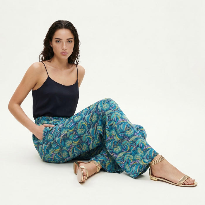 Liberty London Floral-Print Wide-legged Palazzo Pants, Handmade Botanical Loungewear Trousers, Sustainable Tailoring Cotton Womenswear