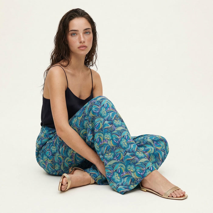 Liberty London Floral-Print Wide-legged Palazzo Pants, Handmade Botanical Loungewear Trousers, Sustainable Tailoring Cotton Womenswear
