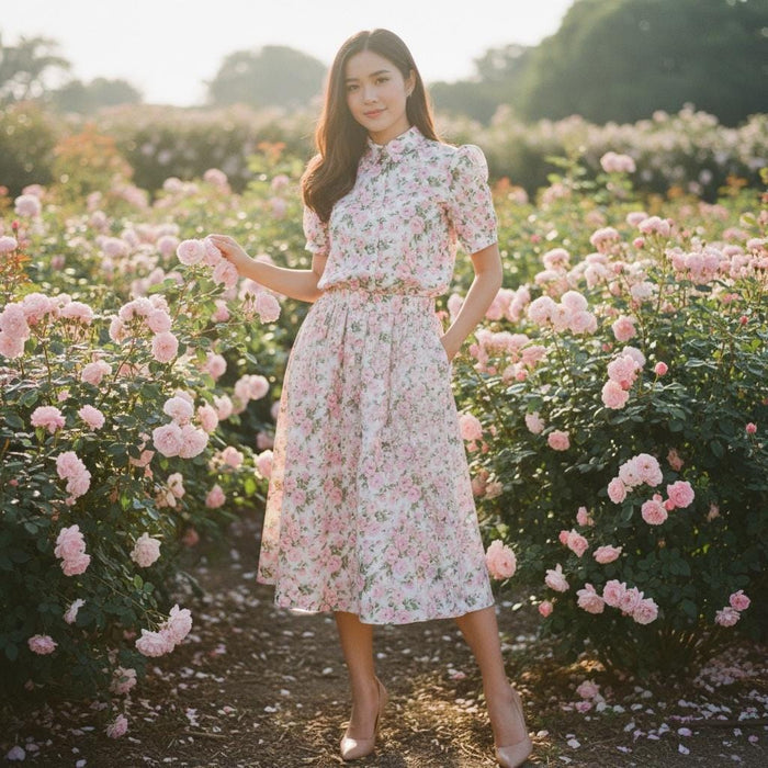 Liberty London Floral Print Woman Dress Shirt: Half Sleeve Blouse, Ditsy Botanical Flower Cotton