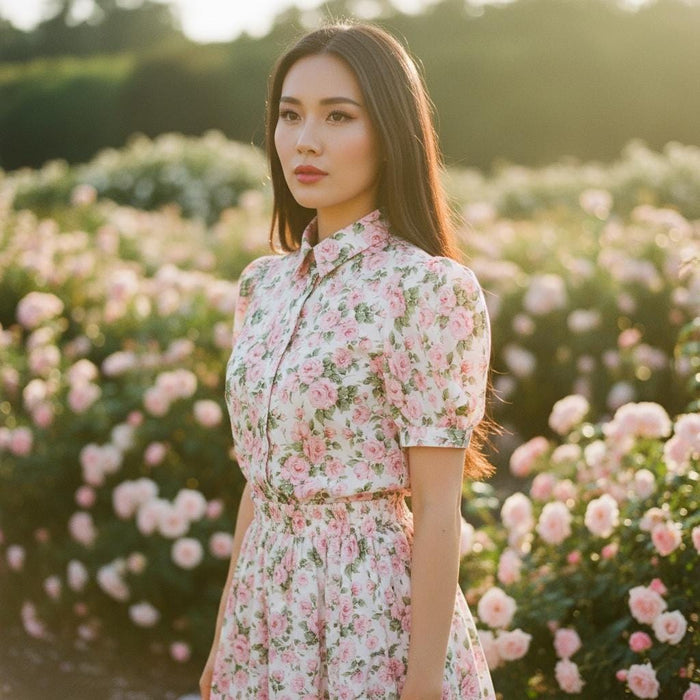 Liberty London Floral Print Woman Dress Shirt: Half Sleeve Blouse, Ditsy Botanical Flower Cotton