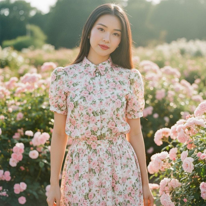 Liberty London Floral Shirt, Pink Rose Print, Short Sleeve Cotton Top