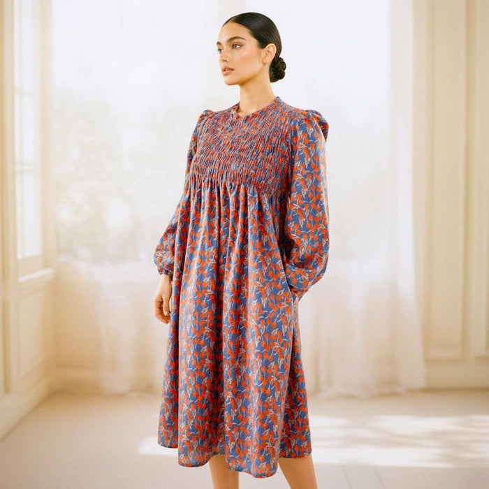 Liberty London Floral Smock Dress, Long Puff Sleeves, Shirred Midi