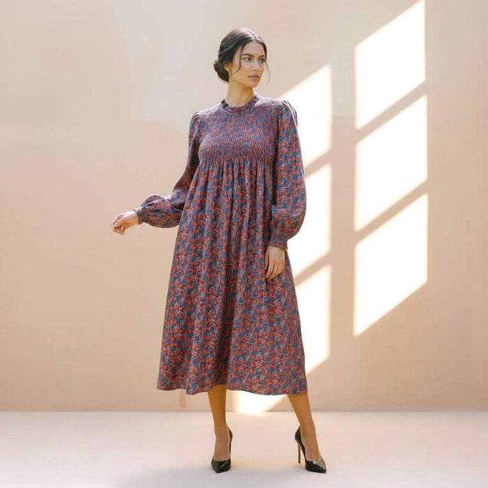 Liberty London Floral Smock Dress, Long Puff Sleeves, Shirred Midi