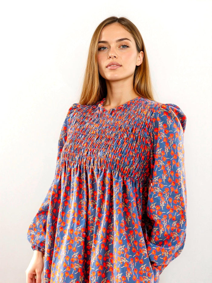 Liberty London Floral Smock Dress, Long Puff Sleeves, Shirred Midi