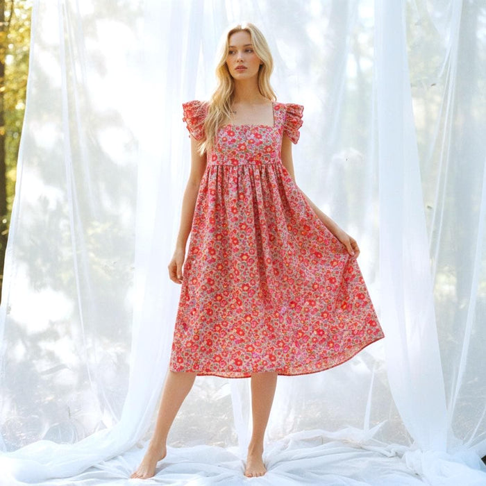 Liberty London Floral Smock Midi Dress, Square Neck Cotton Tana Lawn Clothing