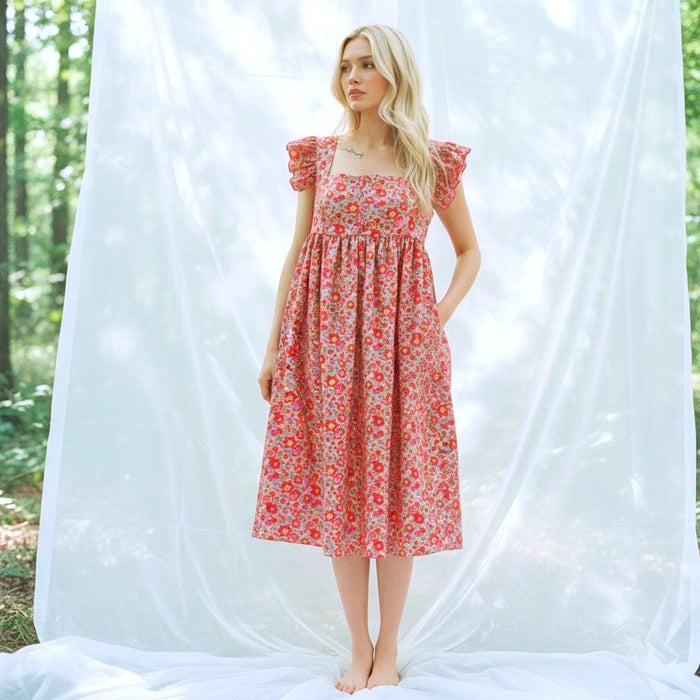 Liberty London Floral Smock Midi Dress, Square Neck Cotton Tana Lawn Clothing