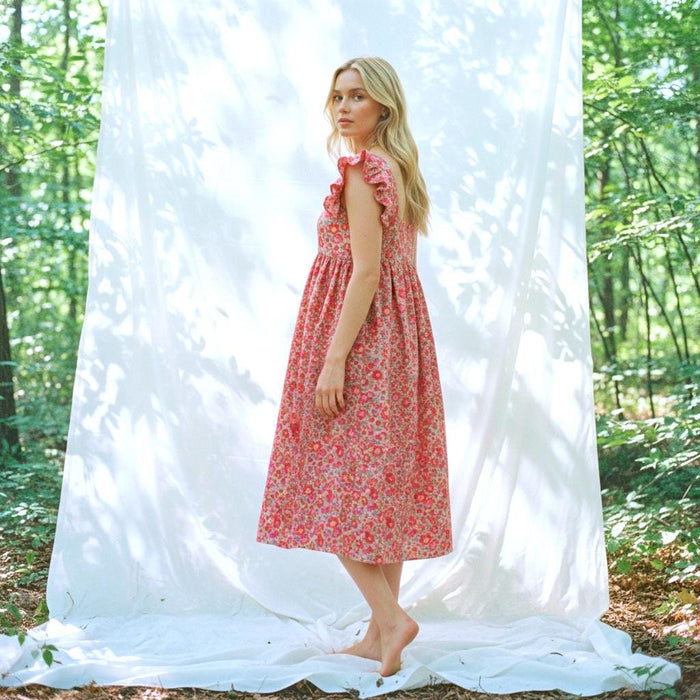 Liberty London Floral Smock Midi Dress, Square Neck Cotton Tana Lawn Clothing