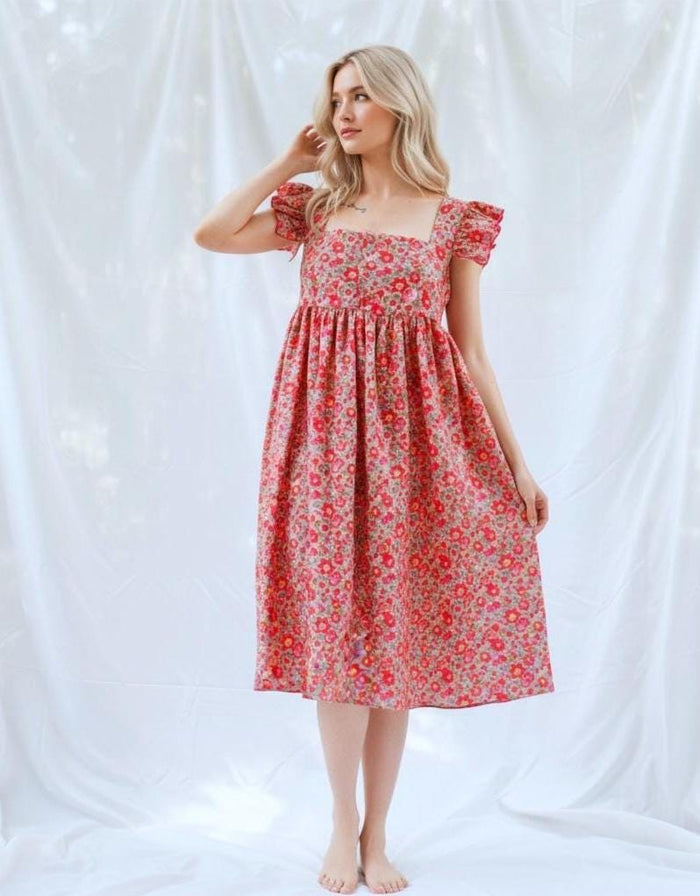 Liberty London Floral Smock Midi Dress, Square Neck Cotton Tana Lawn Clothing