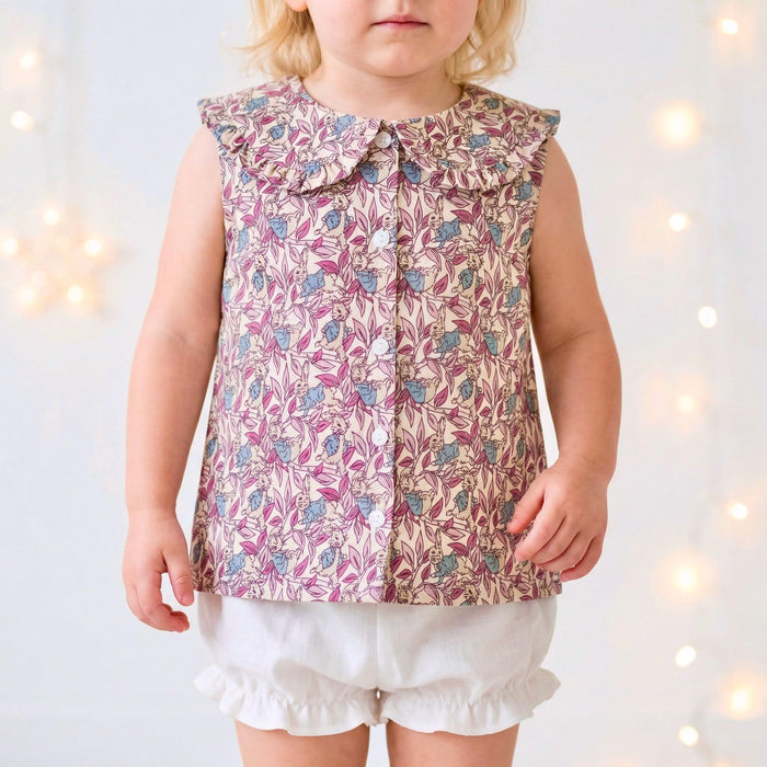 Liberty London Frilled-Edge Peter-Pan Collared Sleeveless Top, Handmade Sustainable Children Clothing, Customised Button-Up Blouse