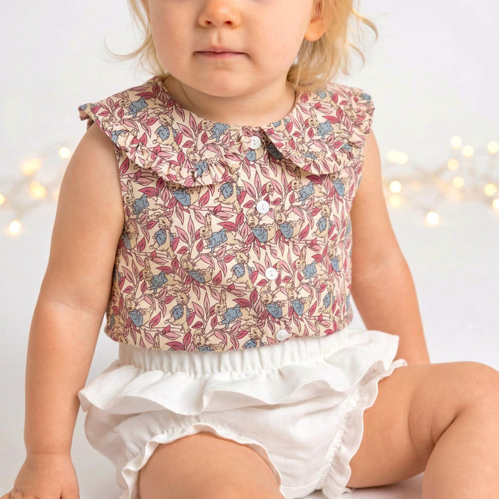 Liberty London Frilled-Edge Peter-Pan Collared Sleeveless Top, Handmade Sustainable Children Clothing, Customised Button-Up Blouse