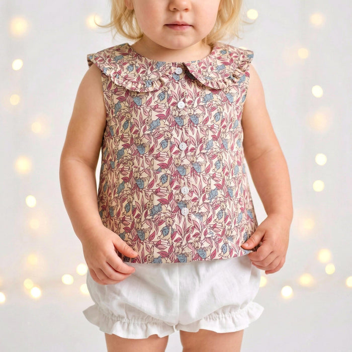 Liberty London Frilled-Edge Peter-Pan Collared Sleeveless Top, Handmade Sustainable Children Clothing, Customised Button-Up Blouse