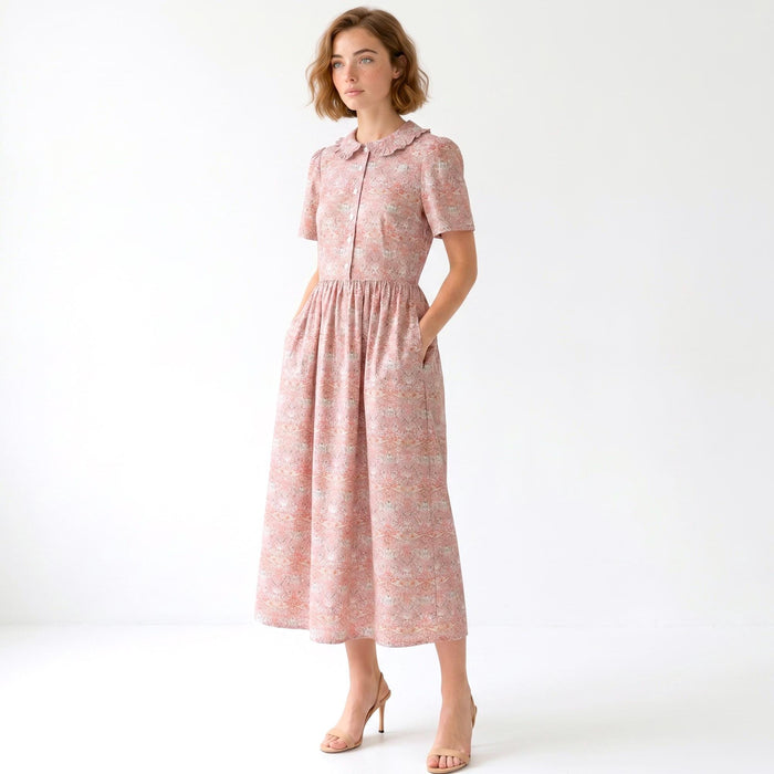 Liberty London Frilled Peter Pan Collar Short Sleeves Shirtdress, Personalised Tailoring Sustainable Cotton Clothing