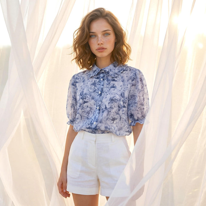 Liberty London Frilled Peter-Pan Collared Handmade Blouse, Button-up Botanical Chemise, Sustainable Tailoring Slow-fashioned Top