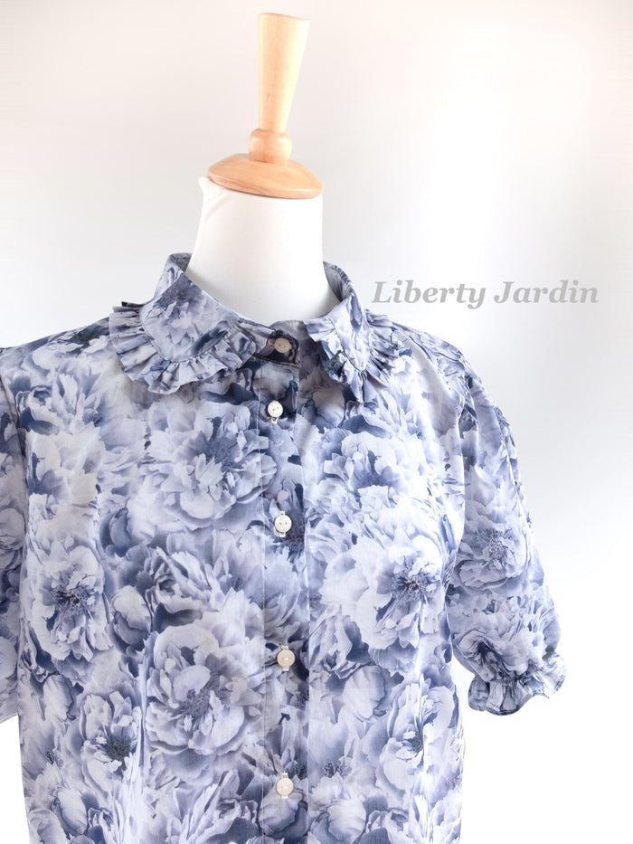 Liberty London Frilled Peter-Pan Collared Handmade Blouse, Button-up Botanical Chemise, Sustainable Tailoring Slow-fashioned Top