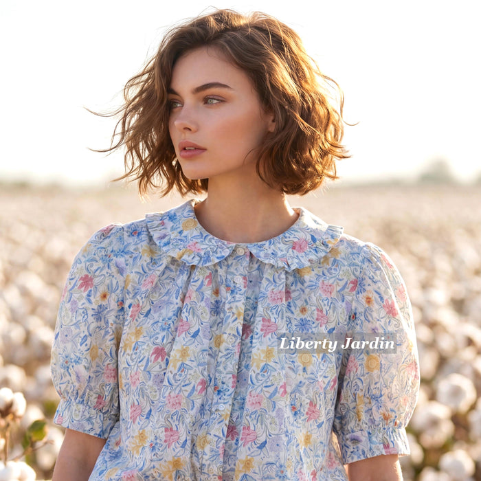 Liberty London Frilled Peter-Pan Collared Handmade Blouse, Button-up Puffed-Sleeves Chemise, Sustainable Tailoring Versatile Shirt