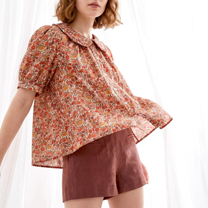 Liberty London Frilled Peter-Pan Collared Handmade Blouse, Button-up Puffed-Sleeves Chemise, Sustainable Tailoring Versatile Shirt