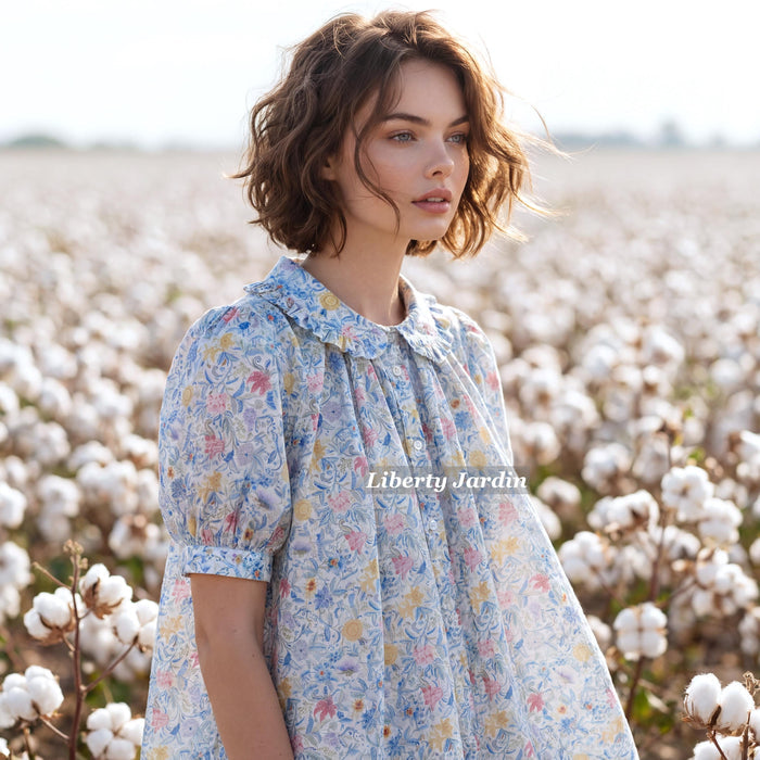 Liberty London Frilled Peter-Pan Collared Handmade Blouse, Button-up Puffed-Sleeves Chemise, Sustainable Tailoring Versatile Shirt