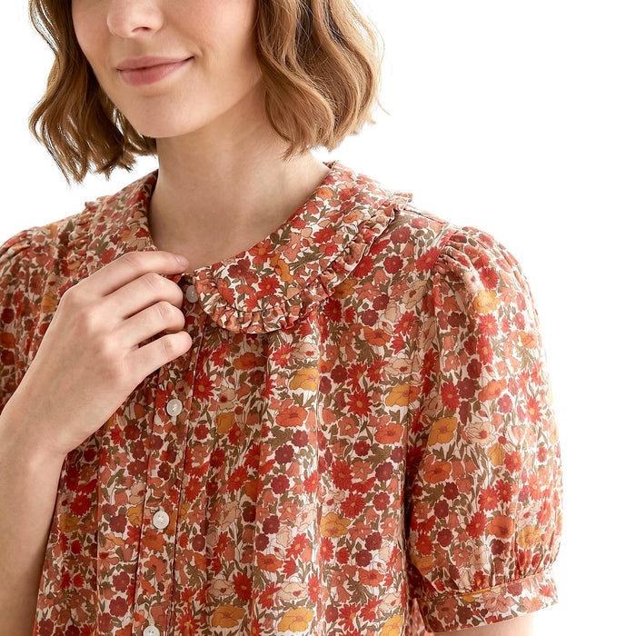 Liberty London Frilled Peter-Pan Collared Handmade Blouse, Button-up Puffed-Sleeves Chemise, Sustainable Tailoring Versatile Shirt