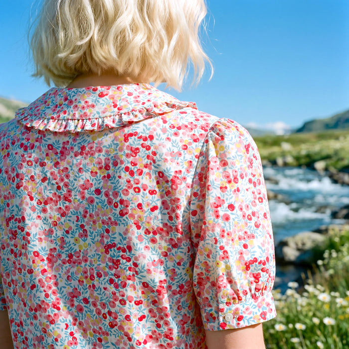 Liberty London Frilled Peter-Pan Collared Handmade Blouse, Button-up Puffed-Sleeves Chemise, Sustainable Tailoring Slow-fashioned Top