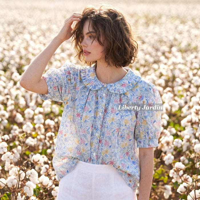 Liberty London Frilled Peter-Pan Collared Handmade Blouse, Button-up Puffed-Sleeves Chemise, Sustainable Tailoring Versatile Shirt