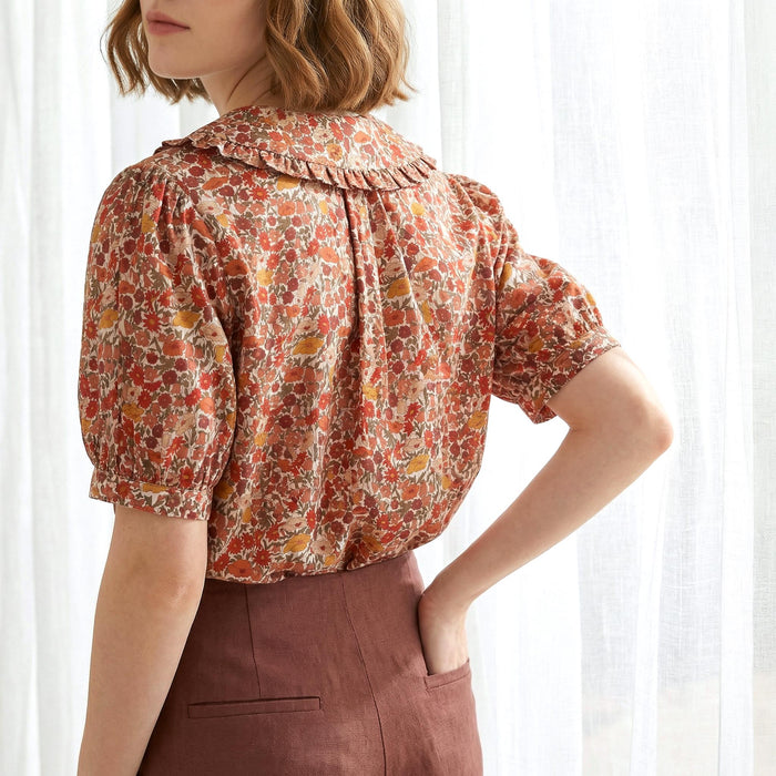 Liberty London Frilled Peter-Pan Collared Handmade Blouse, Button-up Puffed-Sleeves Chemise, Sustainable Tailoring Versatile Shirt