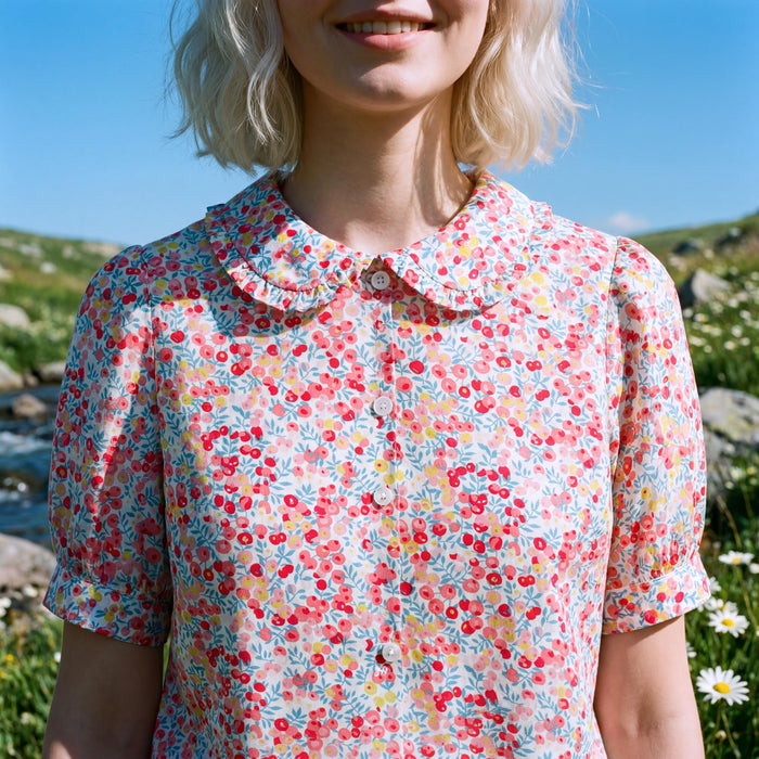 Liberty London Frilled Peter-Pan Collared Handmade Blouse, Button-up Puffed-Sleeves Chemise, Sustainable Tailoring Slow-fashioned Top