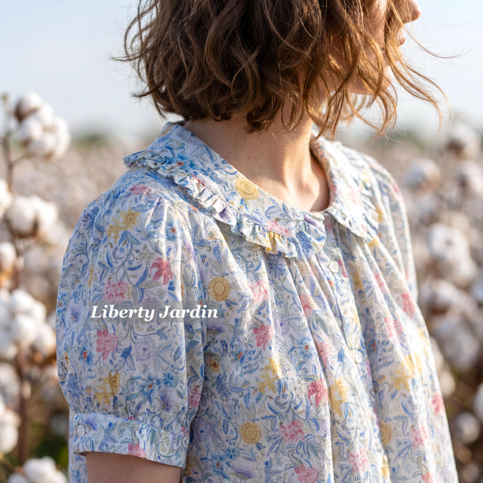 Liberty London Frilled Peter-Pan Collared Handmade Blouse, Button-up Puffed-Sleeves Chemise, Sustainable Tailoring Versatile Shirt