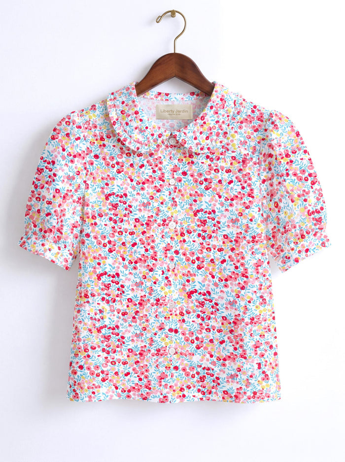 Liberty London Frilled Peter-Pan Collared Handmade Blouse, Button-up Puffed-Sleeves Chemise, Sustainable Tailoring Slow-fashioned Top