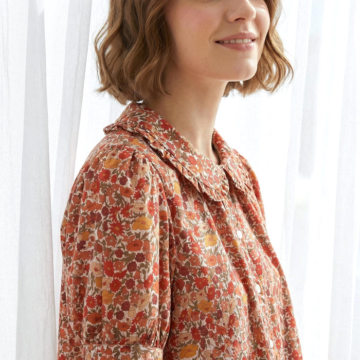 Liberty London Frilled Peter-Pan Collared Handmade Blouse, Button-up Puffed-Sleeves Chemise, Sustainable Tailoring Versatile Shirt