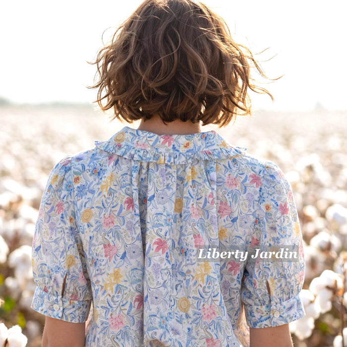 Liberty London Frilled Peter-Pan Collared Handmade Blouse, Button-up Puffed-Sleeves Chemise, Sustainable Tailoring Versatile Shirt