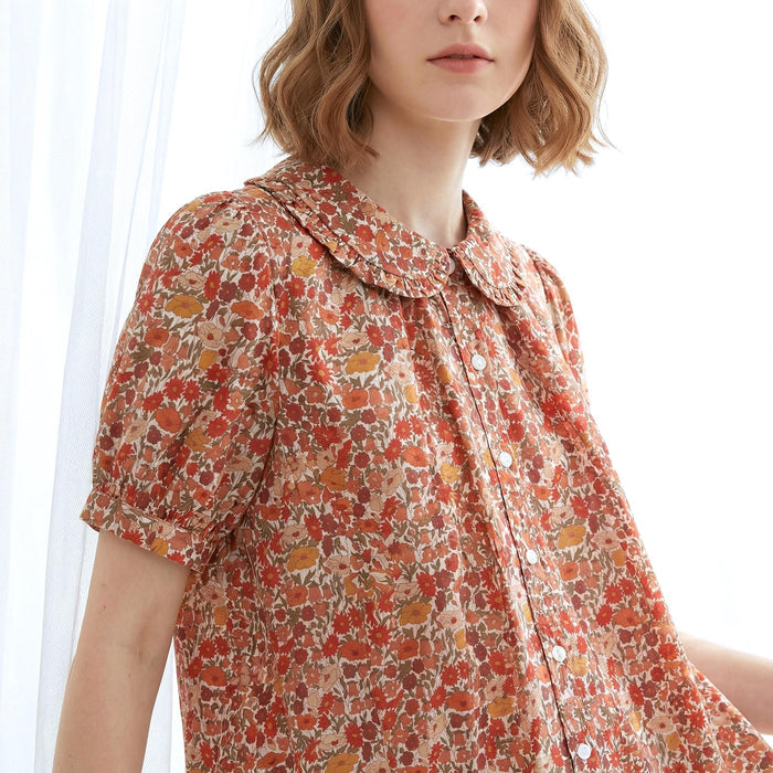Liberty London Frilled Peter-Pan Collared Handmade Blouse, Button-up Puffed-Sleeves Chemise, Sustainable Tailoring Versatile Shirt