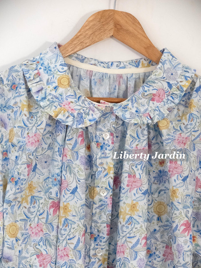 Liberty London Frilled Peter-Pan Collared Handmade Blouse, Button-up Puffed-Sleeves Chemise, Sustainable Tailoring Versatile Shirt