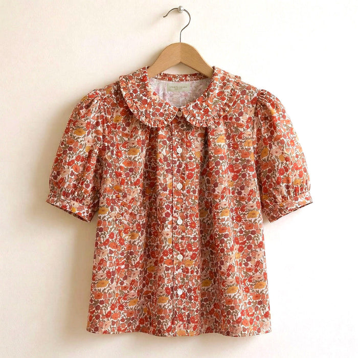 Liberty London Frilled Peter-Pan Collared Handmade Blouse, Button-up Puffed-Sleeves Chemise, Sustainable Tailoring Versatile Shirt