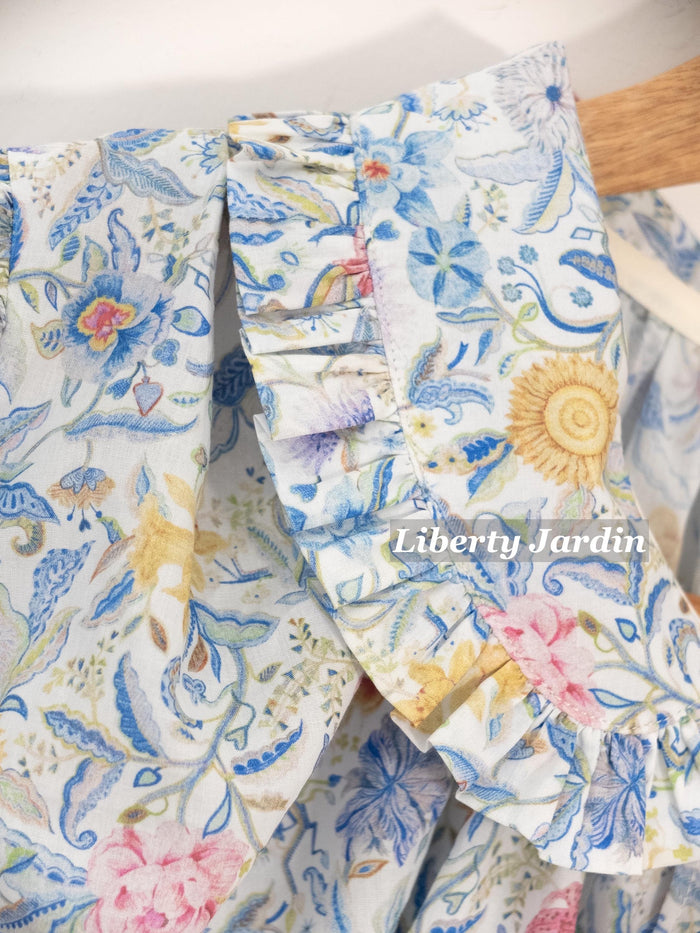Liberty London Frilled Peter-Pan Collared Handmade Blouse, Button-up Puffed-Sleeves Chemise, Sustainable Tailoring Versatile Shirt