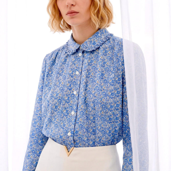 Liberty London Frilled Peter-Pan Collared Long-sleeved Chemise, Handmade Cotton Button-up Shirt, Sustainable Personalised Womenswear