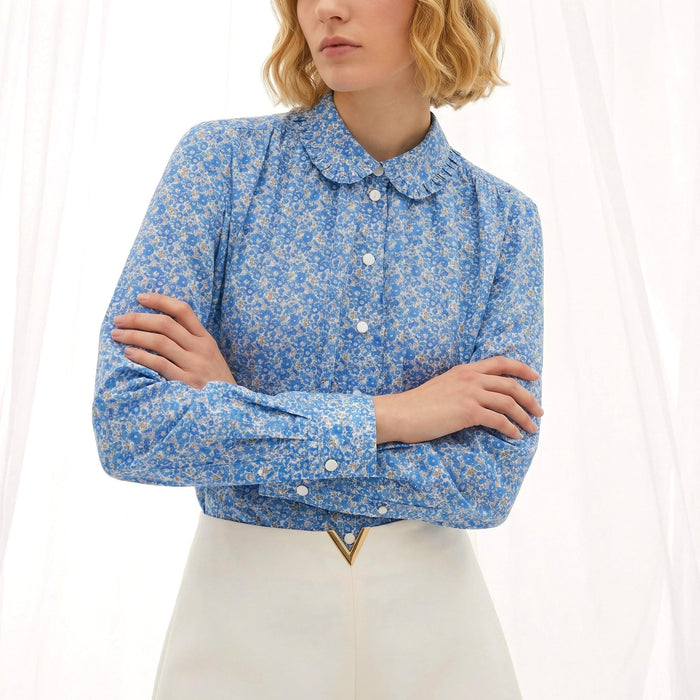 Liberty London Frilled Peter-Pan Collared Long-sleeved Chemise, Handmade Cotton Button-up Shirt, Sustainable Personalised Womenswear