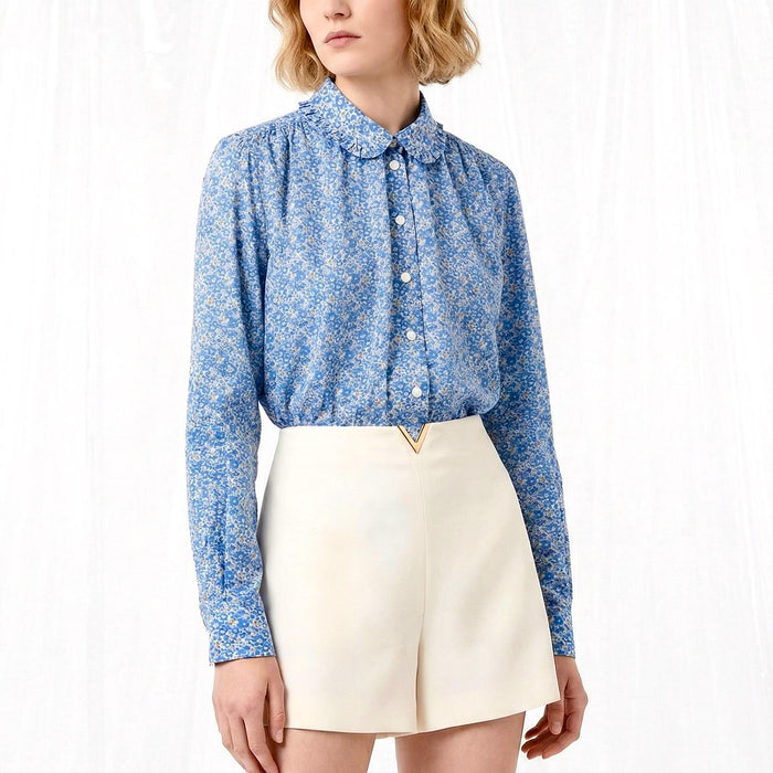 Liberty London Frilled Peter-Pan Collared Long-sleeved Chemise, Handmade Cotton Button-up Shirt, Sustainable Personalised Womenswear