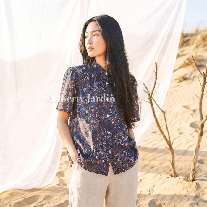 Liberty London Gather Blouse, Short Sleeves Mandarin Collar Shirt, Handmade Botanical Top, Customised Button Up Chemise, Personalised Design