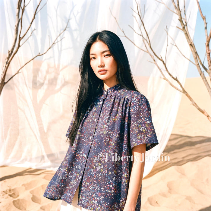 Liberty London Gather Blouse, Short Sleeves Mandarin Collar Shirt, Handmade Botanical Top, Customised Button Up Chemise, Personalised Design