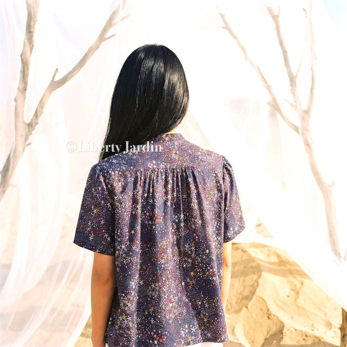 Liberty London Gather Blouse, Short Sleeves Mandarin Collar Shirt, Handmade Botanical Top, Customised Button Up Chemise, Personalised Design