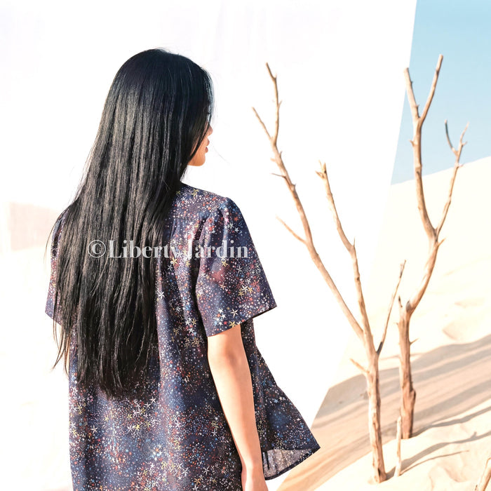 Liberty London Gather Blouse, Short Sleeves Mandarin Collar Shirt, Handmade Botanical Top, Customised Button Up Chemise, Personalised Design