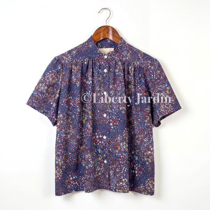 Liberty London Gather Blouse, Short Sleeves Mandarin Collar Shirt, Handmade Botanical Top, Customised Button Up Chemise, Personalised Design