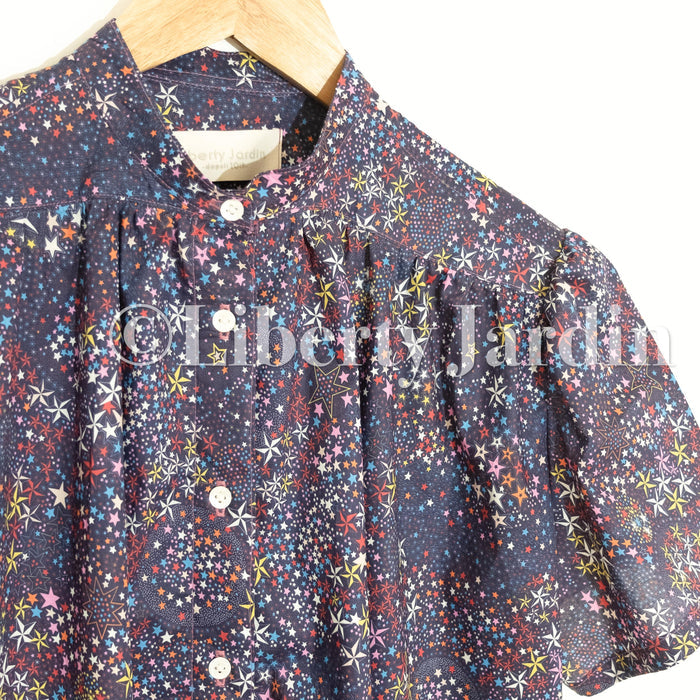 Liberty London Gather Blouse, Short Sleeves Mandarin Collar Shirt, Handmade Botanical Top, Customised Button Up Chemise, Personalised Design